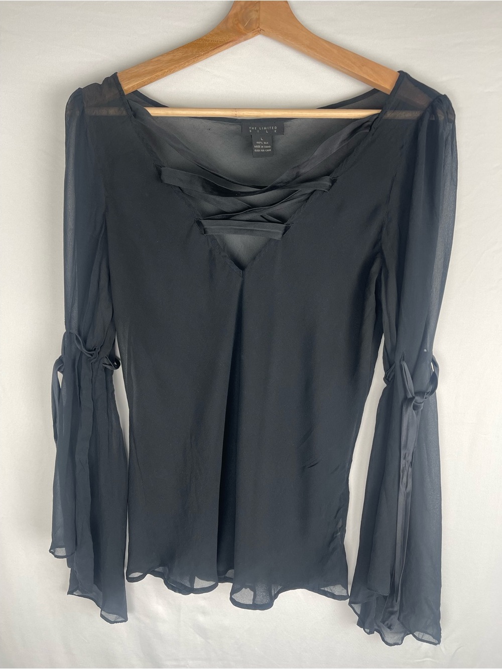 The Limited Black Lace-Up Sheer Bell Sleeve Blouse